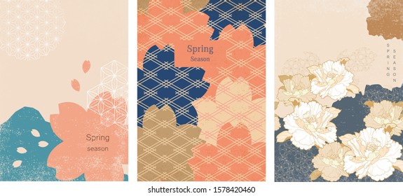 Cherry blossom with Japanese pattern vector. Floral template with geometric elements.