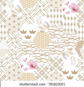 Cherry blossom with Japanese pattern vector. Gold and pink geometric background. Nature icons texture for wrapping paper, card, poster, cover page design, template.