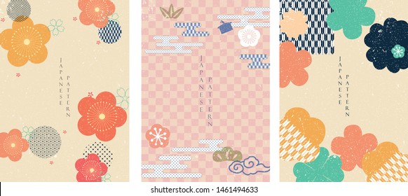 Cherry Blossom With Japanese Template Vector. Japanese Wave Pattern With Bamboo, Cloud And Pine Tree Elements.