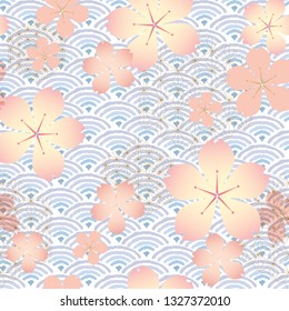 Cherry blossom with Japanese wave pattern vector. Geometric background.