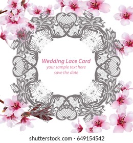 Cherry blossom Lace card frame. Spring delicate flowers Wedding Invitation. Place for text. Vector illustration