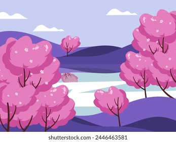 Cherry blossom landscape flat illustration background