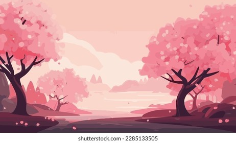 cherry blossom landscape illustration by the lake