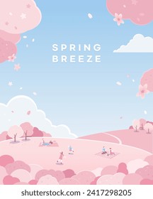 Cherry blossom landscape with picnic people