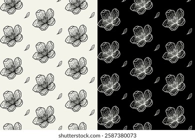 cherry blossom with leaves doodle seamless pattern on black white background set. cherry blossom flower engraving pattern background. cherry blossom flower and leaf background for florist merchandise