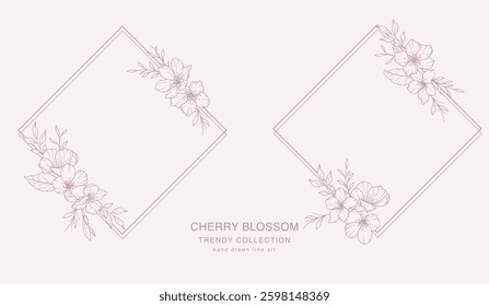 Cherry Blossom Line Art. Trendy floral branches and flowers. Botanical Line Art Sakura Collection. Hand drawn line art cherry blossom flowers. Luxury Line Floral Art. Cherry Blossom Outline