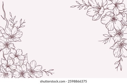 Cherry Blossom Line Art. Trendy floral branches and flowers. Botanical Line Art Sakura Collection. Hand drawn line art cherry blossom flowers. Luxury Line Floral Art. Cherry Blossom Outline