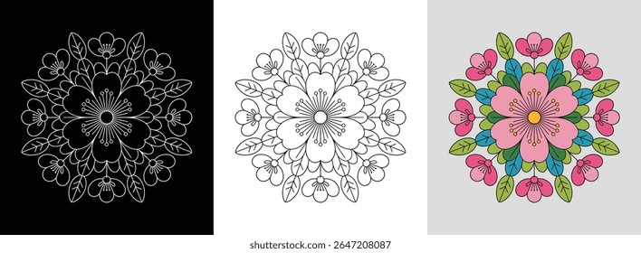 Cherry blossom mandala with delicate petals and bright springtime hues for serene decor.