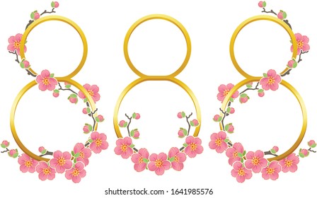 Cherry blossom or mei flowers for Chinese New Year. Lunar new year card. Eight lucky numbers. Decorated with chinese style place. Vector illustration.