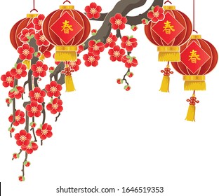 Cherry blossom or mei flowers for Chinese New Year. Lunar new year card and mid autumn festival. Lantern decorated with chinese style place. Chinese translation: happiness. Vector illustration.