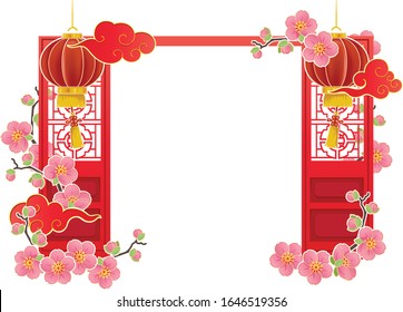 Cherry blossom or mei flowers for Chinese New Year. Lunar new year card and mid autumn festival . Lantern and door decorated with chinese style place.