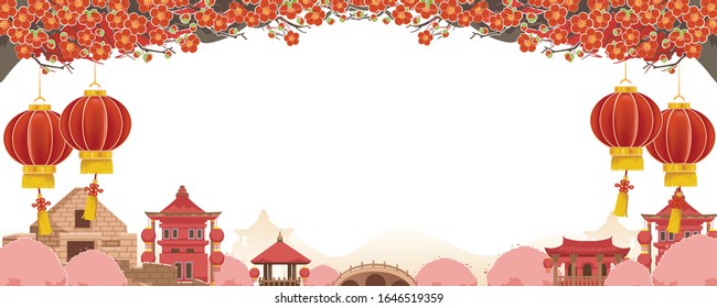 Cherry blossom or mei flowers for Chinese New Year. Lunar new year card and mid autumn festival . Lantern decorated with chinese style place. Buildings, bridges and walls of china. Vector illustration