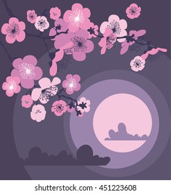 cherry blossom and moon in the night on dark gray background. vector illustration