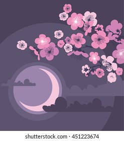 cherry blossom and moon in the night on dark gray background. dark retro style romantic card. pastel floral and moonlight evening concept vector illustration