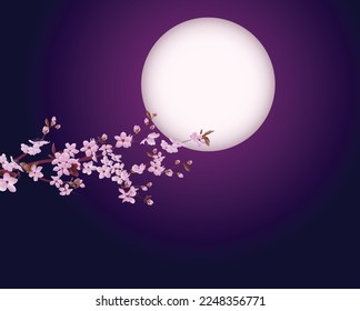 cherry blossom at night illustration. Oriental Japanese style abstract pattern background design black night sky full moon and cherry blossom sakura flower.