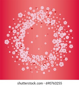 Cherry blossom on background. Beautiful sakura frame or border of random scatter flowers, dots, hearts and petals.