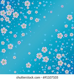 Cherry blossom on blue background. Beautiful sakura explosion. Random scatter falling flowers, dots, hearts and petals.