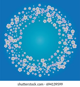 Cherry blossom on blue background. Beautiful sakura frame or border of random scatter flowers, dots, hearts and petals.