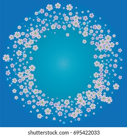 Cherry blossom on blue background. Beautiful sakura frame or border of random scatter flowers, dots, hearts and petals.