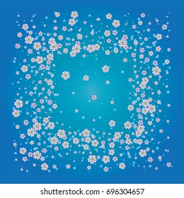 Cherry blossom on blue background. Beautiful square sakura frame or border of random scatter flowers, dots, hearts and petals.
