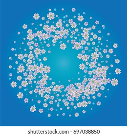 Cherry blossom on blue background. Beautiful sakura frame or border of random scatter flowers, dots, hearts and petals.