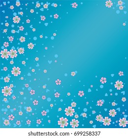 Cherry blossom on blue background. Beautiful falling sakura pattern. Random scatter explosion of flowers, dots, hearts and petals.