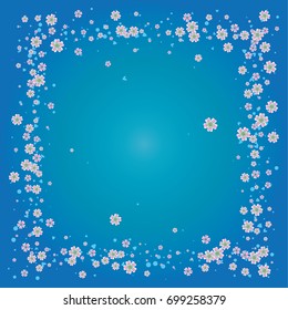Cherry blossom on blue background. Beautiful square sakura frame or border of random scatter flowers, dots, hearts and petals.