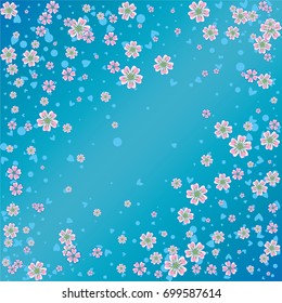 Cherry blossom on blue background. Beautiful sakura explosion. Random scatter falling flowers, dots, hearts and petals.