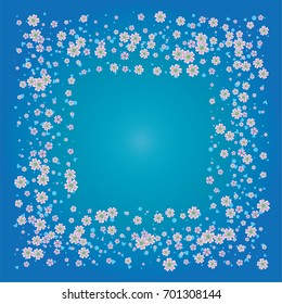Cherry blossom on blue background. Beautiful square sakura frame or border of random scatter flowers, dots, hearts and petals.