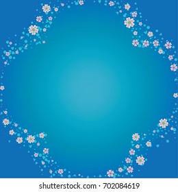 Cherry blossom on blue background. Beautiful shamrock shape sakura frame or border of random scatter flowers, dots, hearts and petals.