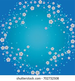 Cherry blossom on blue background. Beautiful shamrock shape sakura frame or border of random scatter flowers, dots, hearts and petals.