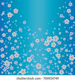 Cherry blossom on blue background. Beautiful sakura explosion. Random scatter falling flowers, dots, hearts and petals.