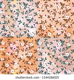 Cherry blossom on   brown abstract background in the form of alternating squares, seamless texture