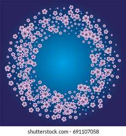 Cherry blossom on dark blue background. Beautiful sakura frame or border of random scatter flowers, dots, hearts and petals.