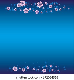 Cherry blossom on dark blue background. Beautiful sakura frame or border of random scatter flowers, dots, hearts and petals.
