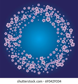 Cherry blossom on dark blue background. Beautiful sakura frame or border of random scatter flowers, dots, hearts and petals.