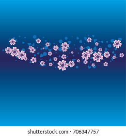 Cherry blossom on dark blue background. Beautiful sakura frame or border of random scatter flowers, dots, hearts and petals.
