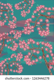 Cherry Blossom on Emerald Background