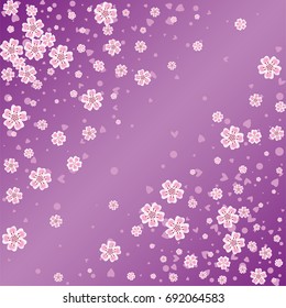 Cherry blossom on lilac background. Beautiful falling sakura pattern. Random scatter explosion of flowers, dots, hearts and petals.