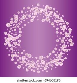 Cherry blossom on lilac background. Beautiful sakura frame or border of random scatter flowers, dots, hearts and petals.