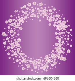 Cherry blossom on lilac background. Beautiful sakura frame or border of random scatter flowers, dots, hearts and petals.