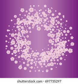 Cherry blossom on lilac background. Beautiful sakura frame or border of random scatter flowers, dots, hearts and petals.