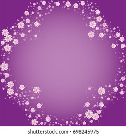 Cherry blossom on lilac background. Beautiful shamrock shape sakura frame or border of random scatter flowers, dots, hearts and petals.