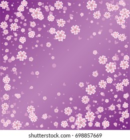 Cherry blossom on lilac background. Beautiful falling sakura pattern. Random scatter explosion of flowers, dots, hearts and petals.