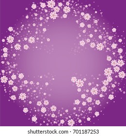 Cherry blossom on lilac background. Beautiful shamrock shape sakura frame or border of random scatter flowers, dots, hearts and petals.