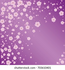 Cherry blossom on lilac background. Beautiful falling sakura pattern. Random scatter explosion of flowers, dots, hearts and petals.