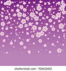Cherry blossom on lilac background. Beautiful falling sakura pattern. Random scatter explosion of flowers, dots, hearts and petals.