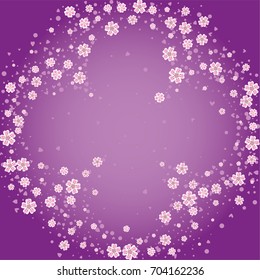 Cherry blossom on lilac background. Beautiful shamrock shape sakura frame or border of random scatter flowers, dots, hearts and petals.