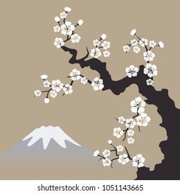 Cherry blossom on mountain landscape. Vector Illustration.