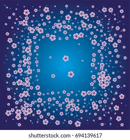 Cherry blossom on navy blue background. Beautiful square sakura frame or border of random scatter flowers, dots, hearts and petals.